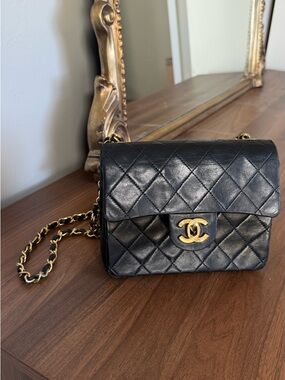 CHANEL Vintage Black Quilted Lambskin Crossbody with Gold Chain